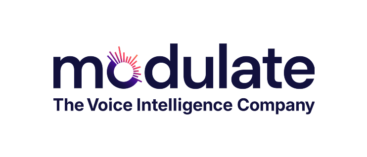 Modulate logo with a dark purple and pink color scheme and the tagline 'The Voice Intelligence Company' underneath.