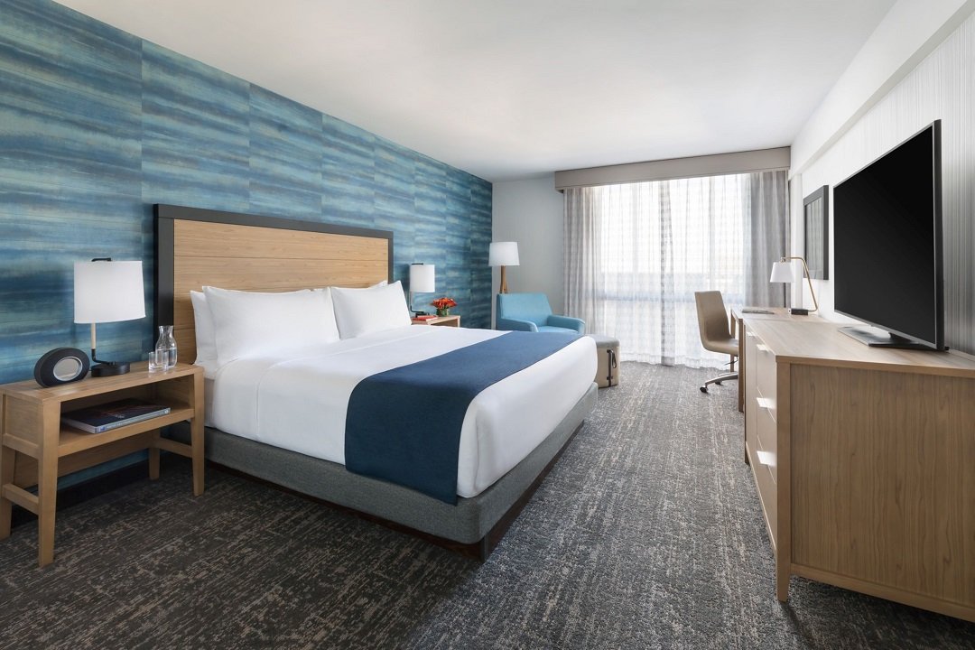 Hotel room with a king-sized bed, bedside tables with lamps, a blue accent wall, a sitting area with a blue chair and a white floor lamp, a large window with sheer curtains, a wooden desk with a TV, and a gray patterned carpet.